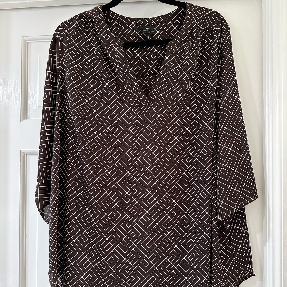 Worthington Woman Blouse size 2X color brown and white geometric pattern